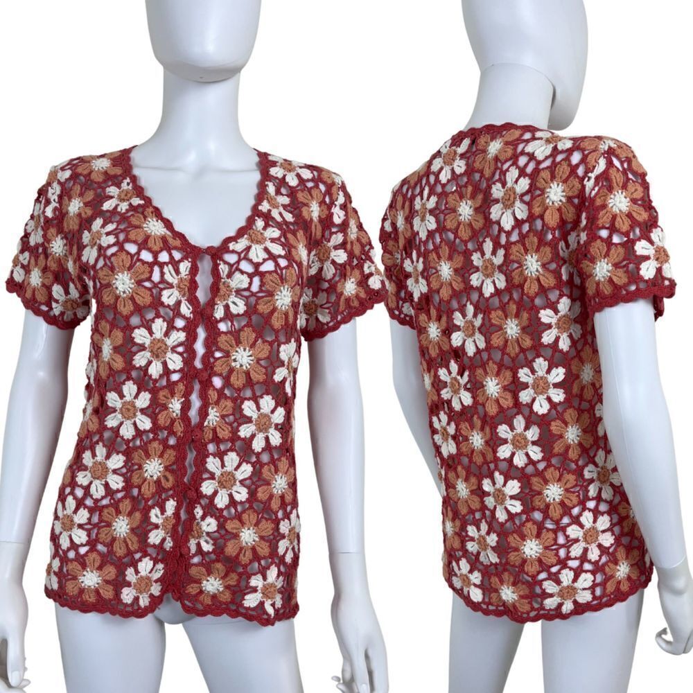 White Stag Women Size M Orange Floral Crochet Open Knit Cotton Cardigan NEW Top